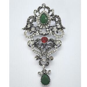 Victorian Style Brooch Faux Jewels and Rhinestone Silver Tone Metal Pretty